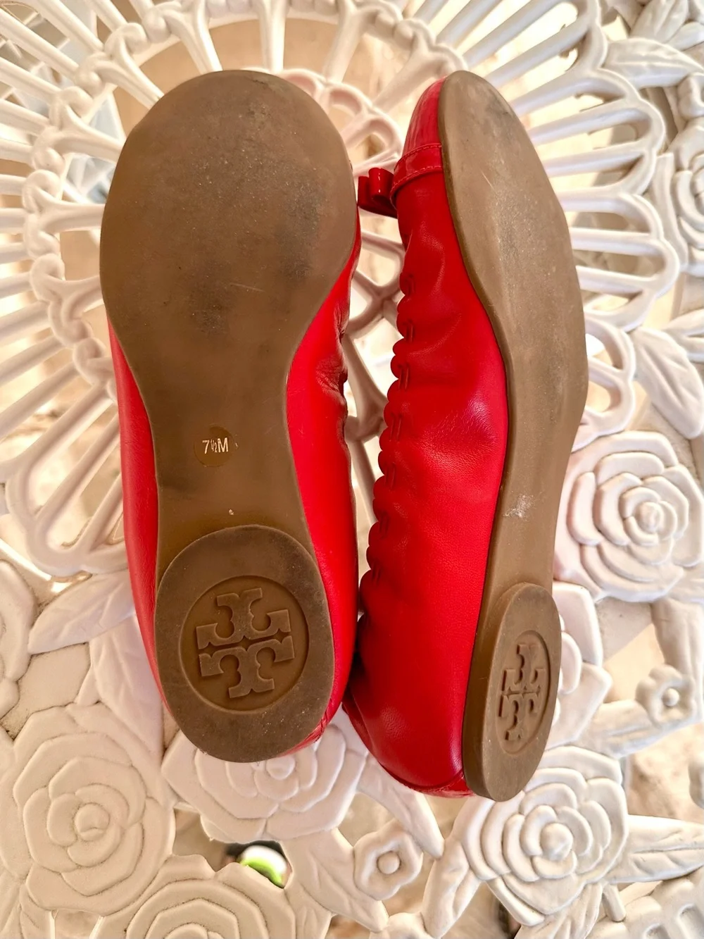 Tory Burch Red Patent Ballet Flats with Gold Logo Accent and Ruffle Trim